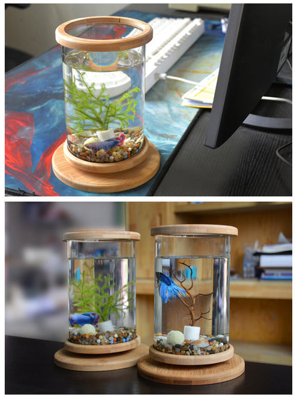 Small Office Glass Aquarium Bamboo Base Mini Fish Tank Decoration Fish Bowl