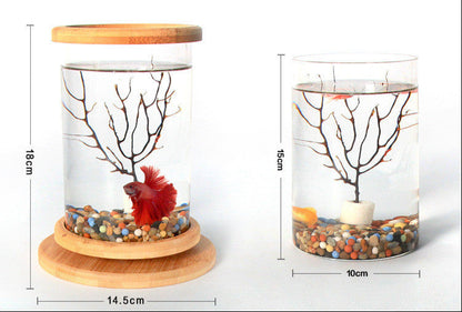 Small Office Glass Aquarium Bamboo Base Mini Fish Tank Decoration Fish Bowl